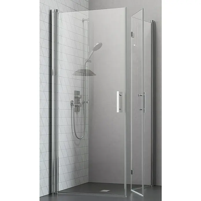 Camargue Vario Eckdusche S4+S52 - L x B x H: 100 x 80 x 195 cm, Beschichtet, Silber, Glasstärke: 6 mm - Das Bild zeigt eine moderne Duschkabine mit klaren Glaswänden und Chromdetails, die ein elegantes Badezimmerdesign unterstreichen.