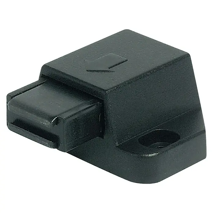 Suki Cierre de golpete - Largo: 31 mm, Plástico - Cierre a presión negro para puerta o cajón con marca de flecha para su funcionamiento. Diseño compacto para fácil instalación.