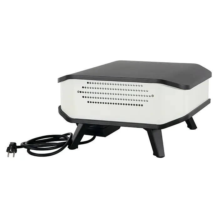 Cozze Pizzaofen Elektro 13 " - B x T x H: 53 x 53 x 29 cm, 2,2 kW - Tragbarer Pizzaofen mit schwarzer Oberseite, weißen Seiten mit Löchern und einem Netzkabel. Ideal für köstliche Pizza im Freien.