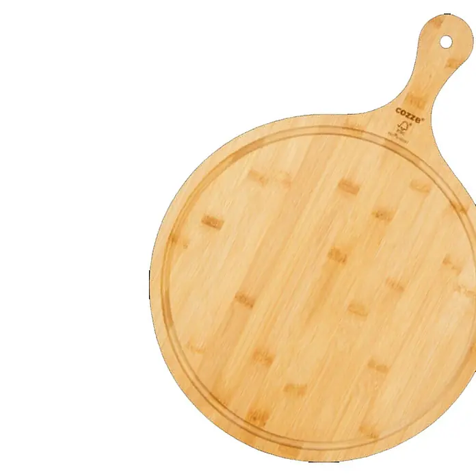 Cozze Tabla de cortar - Ø x Al: 35 x 2 cm, Madera - Tabla de pizza redonda de bambú con mango y ranura. Perfecto para servir pizza y otros platos.
