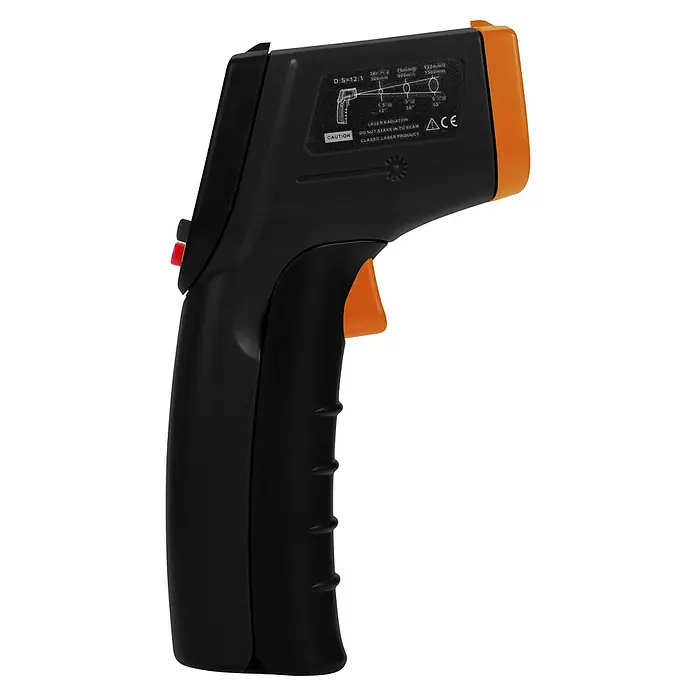 Cozze Grill-Thermometer - Messbereich 0 - 530° C - Nahaufnahme eines schwarzen und orangefarbenen Infrarot-Thermometers zur Temperaturmessung ohne direkten Kontakt mit Oberflächen.