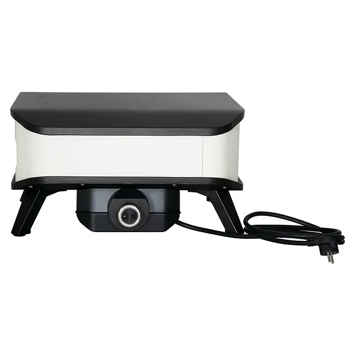 Cozze Pizzaofen Elektro 13 " - B x T x H: 53 x 53 x 29 cm, 2,2 kW - Nahaufnahme eines tragbaren Cozze Pizzaofens mit schwarzem Gehäuse und Reglern, ideal für köstliche Pizza im Freien.
