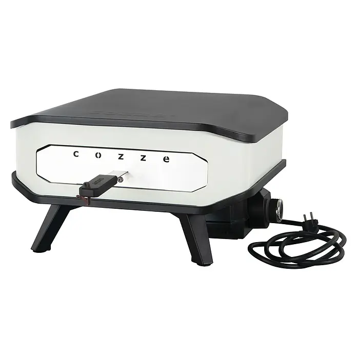 Cozze Pizzaofen Elektro 13 " - B x T x H: 53 x 53 x 29 cm, 2,2 kW - Nahaufnahme des tragbaren elektrischen Cozze Pizzaofens mit schwarzer Oberseite und weißen Seiten.