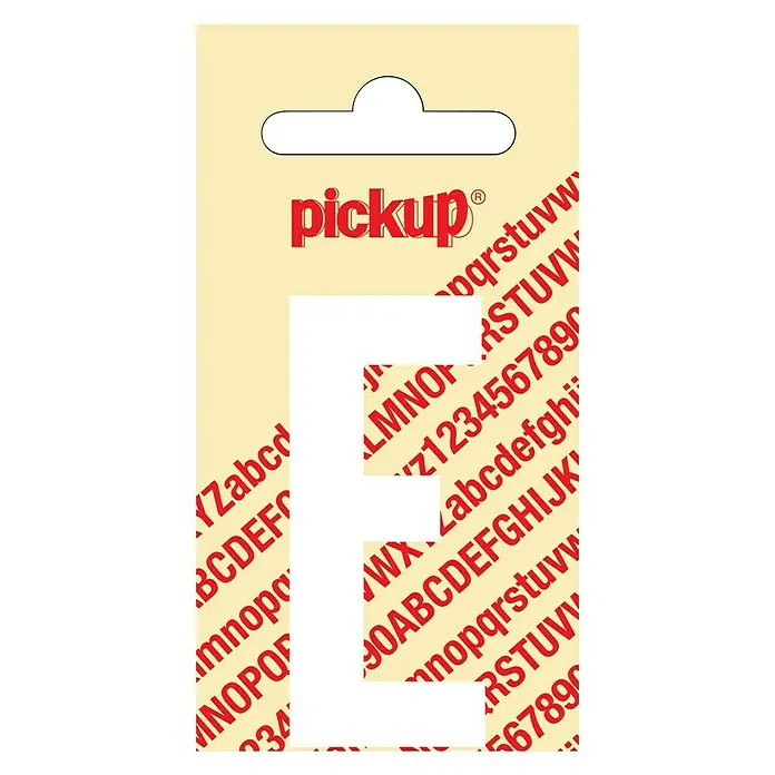 Pickup Aufkleber - Motiv: E, Weiß, Höhe: 60 mm - Aufkleber "Pickup" mit dem Buchstaben E in Weiß, ideal zum Beschriften und Dekorieren von Gegenständen.