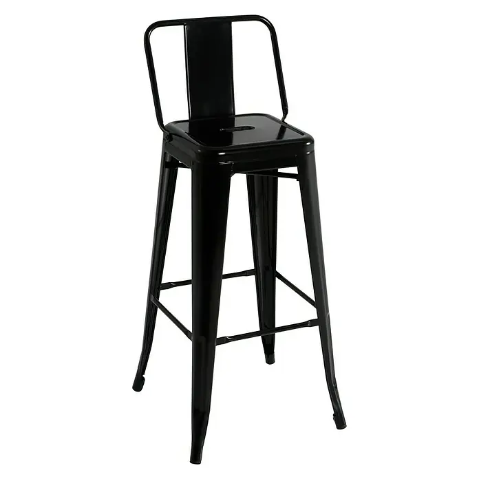 Taburete alto con respaldo - L x An x Al: 43 x 43 x 95 cm, Negro - Taburete de bar negro de metal con respaldo y asiento cuadrado. Diseño robusto para cocina o bar.