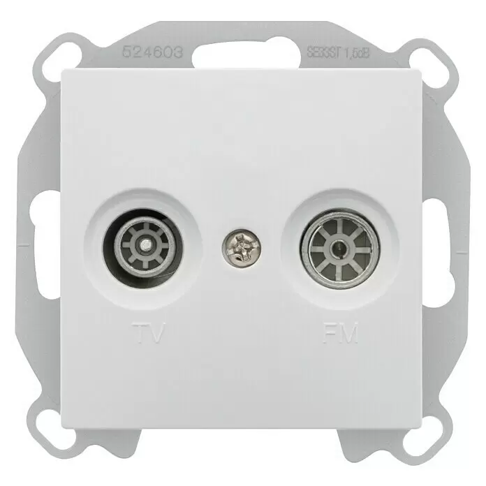 Siemens DELTA Viva Antennendose SIE039734 - Polar Weiß, Glänzend, Kunststoff, Unterputzmontage - Weiße TV/FM-Antennendose mit 1,6 dB Dämpfung, montiert auf einem grauen Rahmen.