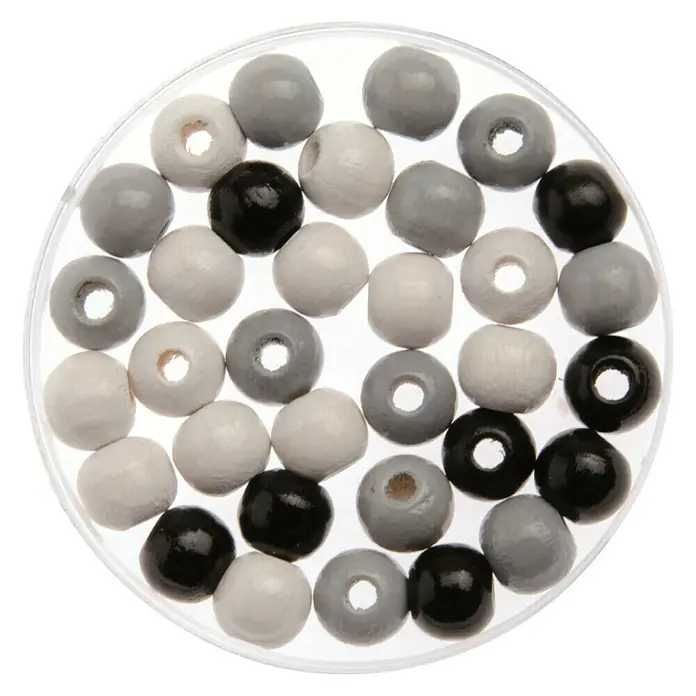 Glorex Holzperlen - Grau/Schwarz/Weiß, Durchmesser: 8 mm, 80 Stk. - Eine Nahaufnahme von einer transparenten Schale voller hölzerner Schmuckperlen in Schwarz-, Grau- und Weißtönen.