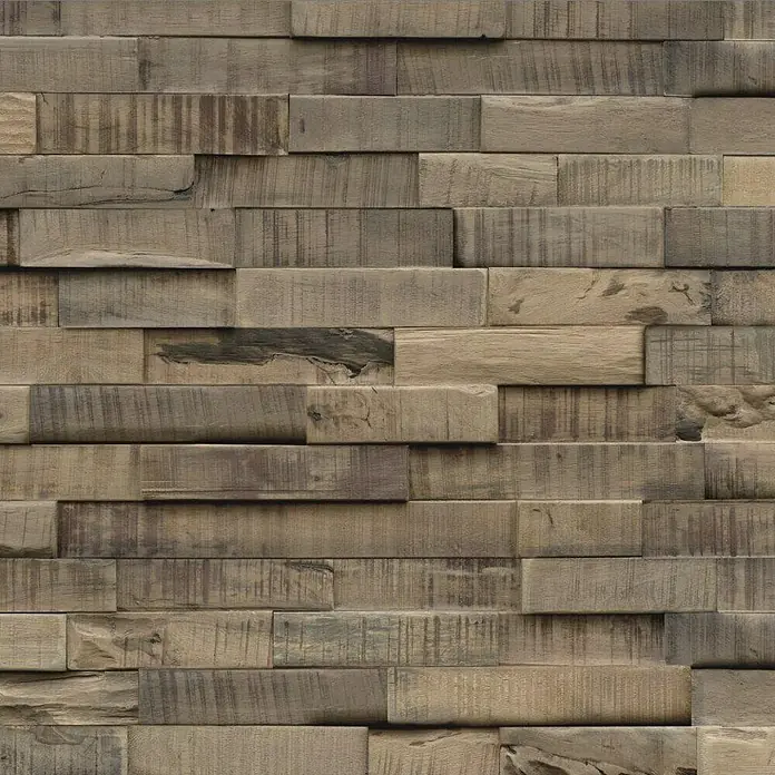 Indo Wandpaneel 3D Wall Slimwood Stone Washed - Hevea, 560 x 200 x 8 mm, 1,008 m² - Strukturierte Wandverkleidung aus Holzpaneelen in verschiedenen Brauntönen. Die 3D-Optik verleiht der Wand ein rustikales und warmes Aussehen.