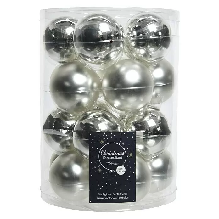 Decoris Christbaumkugel - Silber, Glas, Durchmesser: 60 mm, 20 Stk. - Zwanzig 6 cm silberne Weihnachtskugeln aus Glas, teils glänzend, teils matt, verpackt in einer durchsichtigen Plastikröhre.