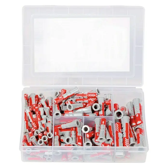 Fischer Duopower Set de tacos Profi-Box - 132 pzs. - Una caja transparente llena de surtido de tacos de pared rojos y grises de varios tamaños, bien organizados en compartimentos.