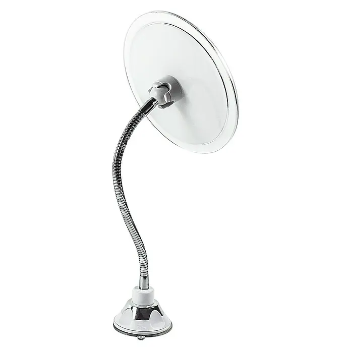 Deblanch Espejo cosmético orientable - 20 x 29,5 cm, Redonda, Blanco, Aumento 1: 300 %, Aumento 2: 700 % - La imagen muestra un espejo de tocador con ventosa y brazo flexible. El espejo es redondo y tiene un marco blanco.