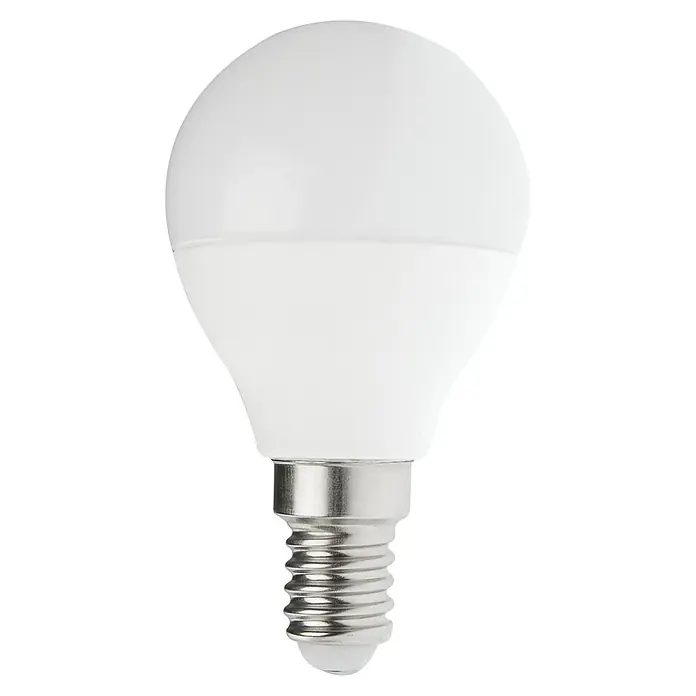 Voltolux LED-Lampe Tropfenform E14 matt - E14, Nicht Dimmbar, Warmweiß, 470 lm, 5,5 W, Tropfen - Nahaufnahme einer E14 LED-Lampe mit mattweißem Glaskolben und einem silberfarbenen Schraubsockel vor einem neutralen, schwarzen Hintergrund.