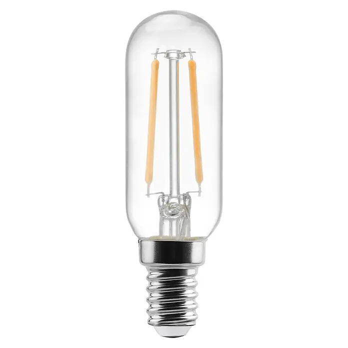 Voltolux LED-Lampe Filament Röhre - E14, Nicht Dimmbar, Warmweiß, 250 lm, 2 W - Klarglas-Röhrenlampe mit Glühfaden und silberfarbenem Sockel. Elegante Beleuchtung für ein gemütliches Ambiente mit dieser LED-Lampe.