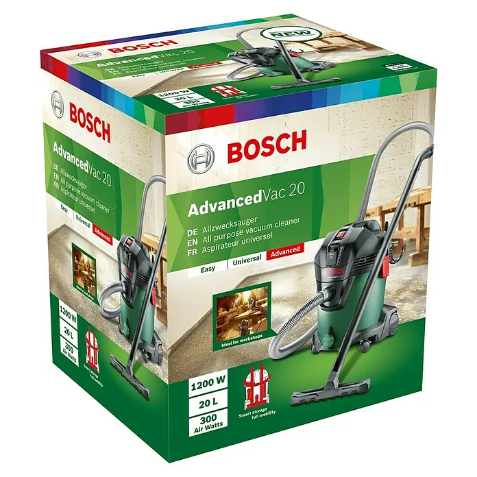 Bosch Elektro-Nass- & Trockensauger AdvancedVac 201.200 W, Behältervolumen: 20 l - Produktverpackung für den Bosch AdvancedVac 20, einem Allzwecksauger mit 1200 W Leistung, 20 l Volumen und 300 Air Watts.