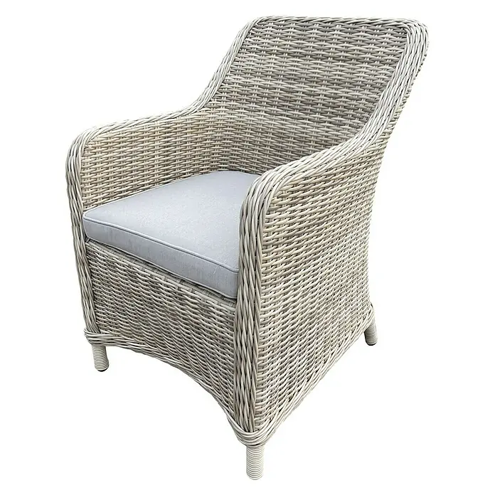 Sunfun Conjunto de muebles Milwaukee - 8 pzs., Ratán sintético, Arena - Elegante sillón de ratán con cojín gris. Este sillón está hecho de ratán claro y ofrece comodidad y estilo para cualquier habitación.