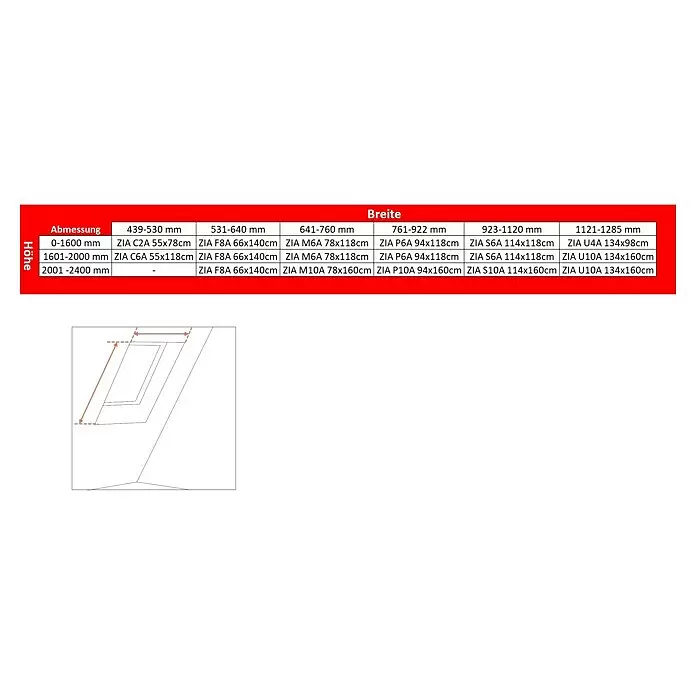 Solid Elements Insektenschutz-Dachfenster ZIA - B x H: 78 x 160 cm - Tabelle mit ZIA Dachfenstermodellen, Produktcodes und Größen basierend auf Höhen- und Breitenbereichen, ergänzt durch eine Messpunkt-Skizze.