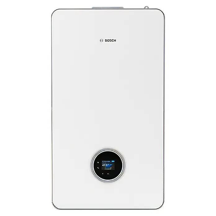 Bosch Caldera Condens 8700i W 35 P - 35,2 kW, 12 l, Display multifunción - La imagen muestra un moderno sistema de calefacción Bosch blanco, equipado con una pantalla redonda para una fácil operación y monitoreo.