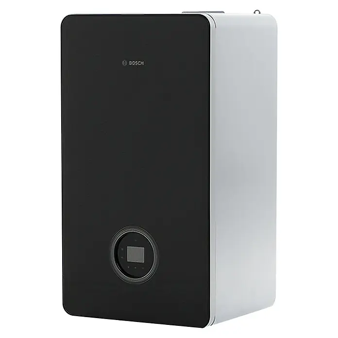Bosch Caldera Condens 8700i W 35/50 CB - 35,2 kW, 12 l, Display multifunción - La imagen muestra un moderno sistema de calefacción Bosch con frontal negro y pantalla, ideal para la calefacción energéticamente eficiente.