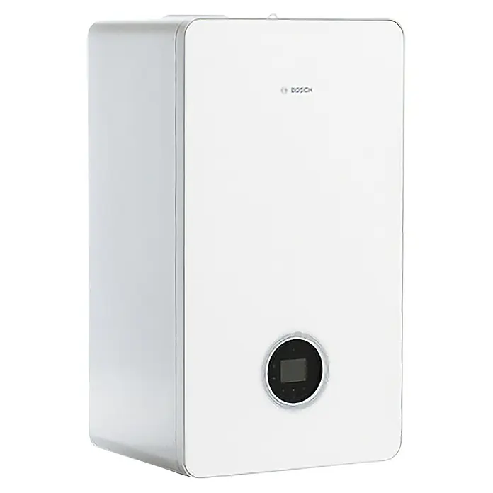 Bosch Caldera Condens 8700i W 35 P - 35,2 kW, 12 l, Display multifunción - Una caldera Bosch blanca y moderna con pantalla digital, conocida por su rendimiento de calefacción eficiente y diseño contemporáneo.