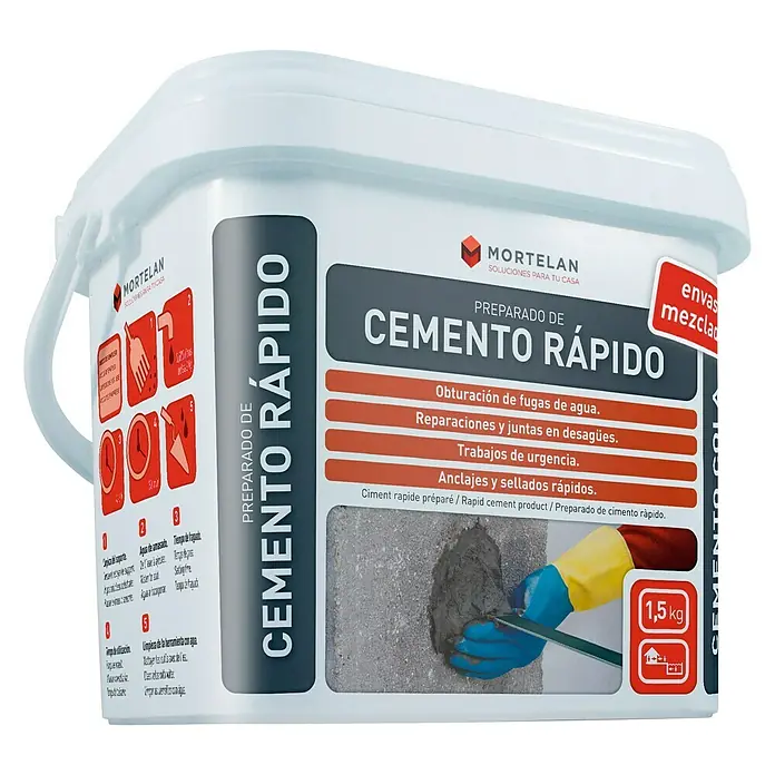 Gecol Cemento rápido Mortelan - 1,5 kg - Un cubo de "Mortelan Cemento Rápido", un cemento de fraguado rápido para reparaciones, sellado y trabajos urgentes en casa.