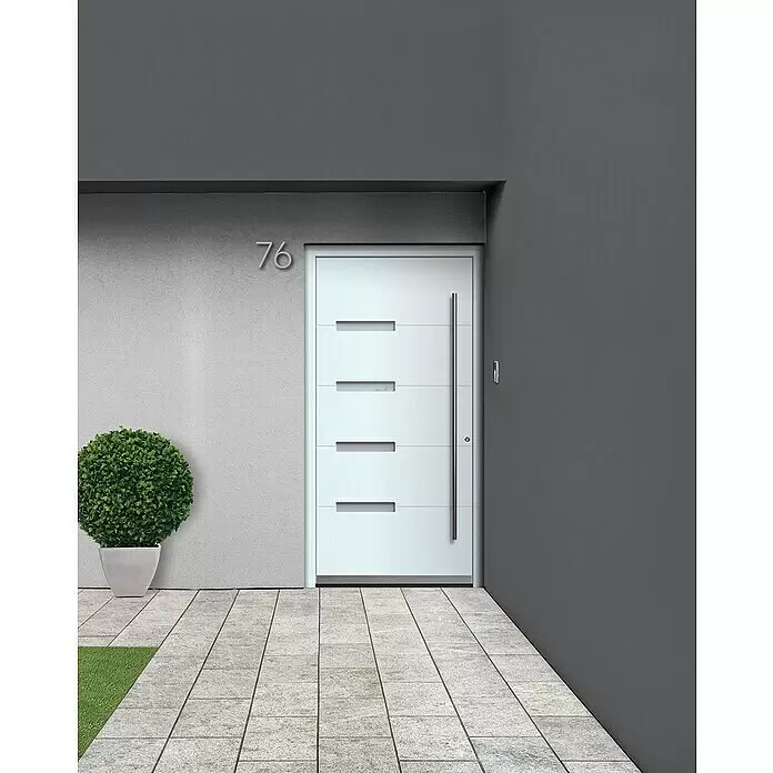 Portofino Haustür 704PF - 110 x 210 cm, DIN Anschlag: Rechts, Verkehrsweiß matt - Stimmungsaufnahme