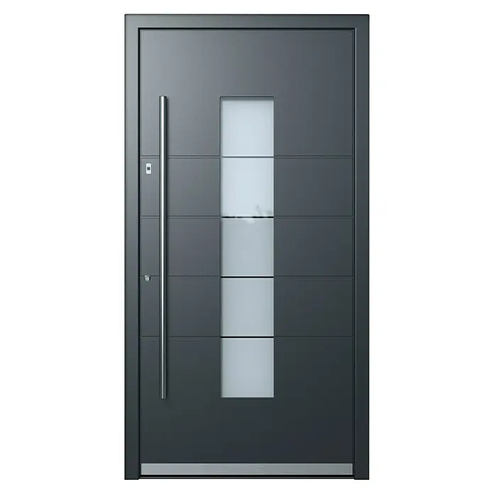 Portofino Haustür 706PF mit Fingerprint - 110 x 210 cm, DIN Anschlag: Links, Anthrazitgrau Feinstruktur/Verkehrsweiß matt - Elegante Haustür in Anthrazit mit senkrechtem Glaseinsatz und Edelstahlgriff. Modernes Design für einen stilvollen Eingangsbereich.