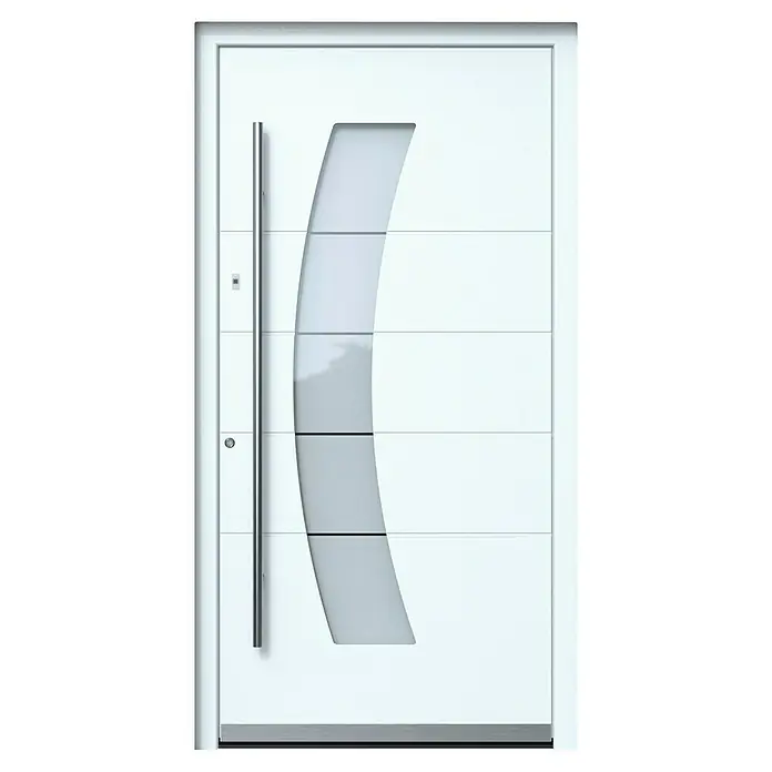 Portofino Haustür 707PF mit Fingerprint - 110 x 210 cm, DIN Anschlag: Links, Verkehrsweiß matt - Moderne weiße Haustür mit elegantem, geschwungenem Glaseinsatz und einem langen, vertikalen Türgriff. Zeitgemäßes Design für stilvolle Hauseingänge.