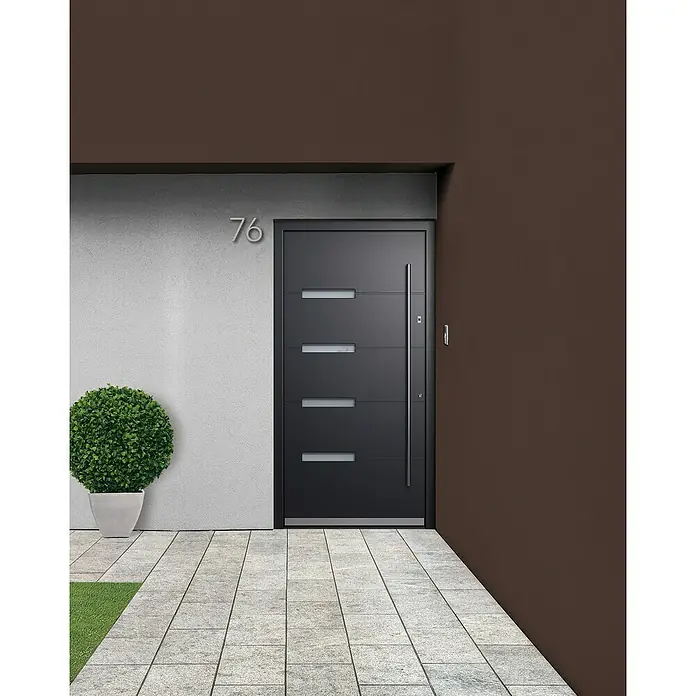 Portofino Haustür 704PF mit Fingerprint - 110 x 210 cm, DIN Anschlag: Rechts, Anthrazitgrau Feinstruktur/Verkehrsweiß matt - Elegante, moderne Haustür in Anthrazit mit horizontalen Glasstreifen und langem, vertikalem Griff.
