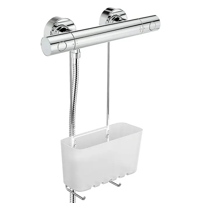 Tatay Standard Cesta de baño colgante - L x An x Al: 11 x 20,5 x 41,5 cm, Blanco - Grifo de ducha termostático con cesta para utensilios de baño, acabado cromado brillante. Complemento práctico para ducha.