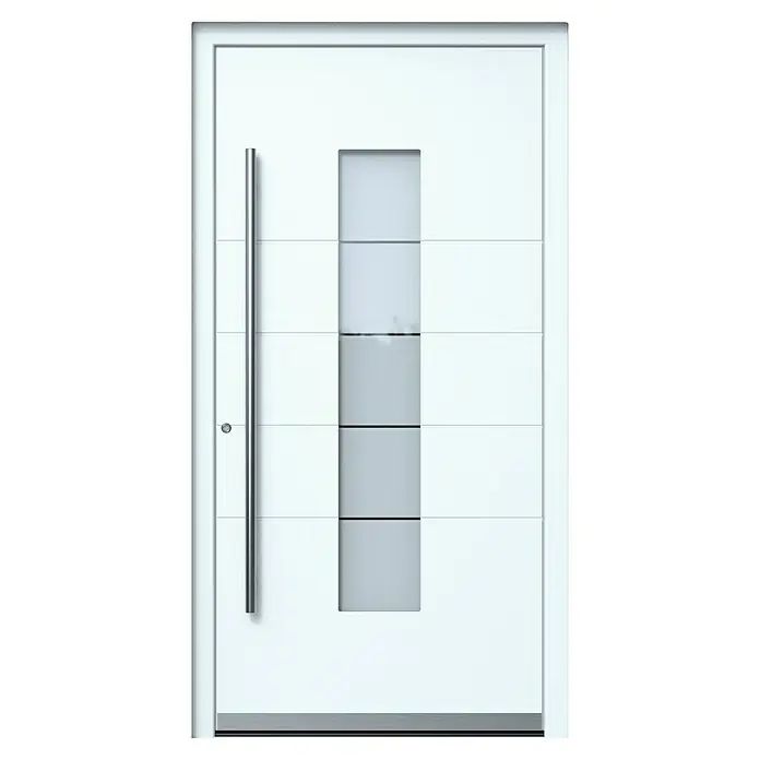 Portofino Haustür 706PF - 110 x 210 cm, DIN Anschlag: Links, Verkehrsweiß matt - Eine moderne, weiße Haustür mit senkrechtem Fensterband und einem langen, silbernen Türgriff.