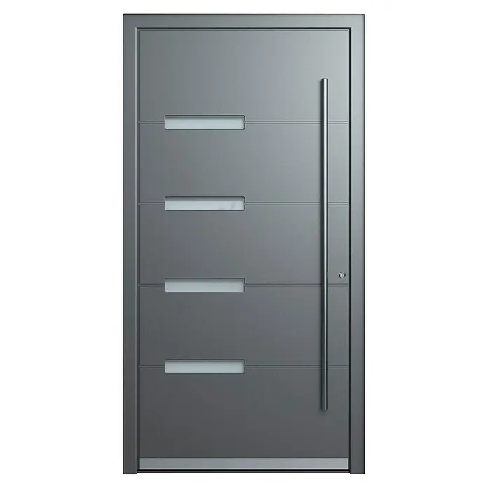 Portofino Haustür 704PF - 110 x 210 cm, DIN Anschlag: Rechts, Anthrazit Metallic/Verkehrsweiß matt - Elegante, graue Haustür mit geraden Linien, schmalen Lichtausschnitten und einem langen, silbernen Griff für einen modernen Eingangsbereich.