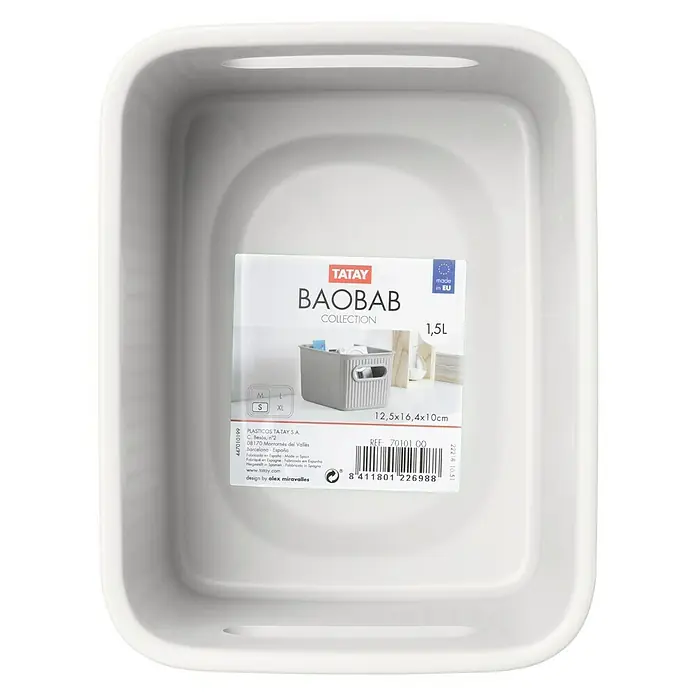 Tatay Baobab Cesta para la ropa - 12,5 x 16,4 x 10 cm, Plástico, Blanco - Caja de almacenamiento blanca Baobab de 1,5L de Tatay, con asas prácticas e indicación de tamaño. Ideal para organizar y ordenar tu hogar.