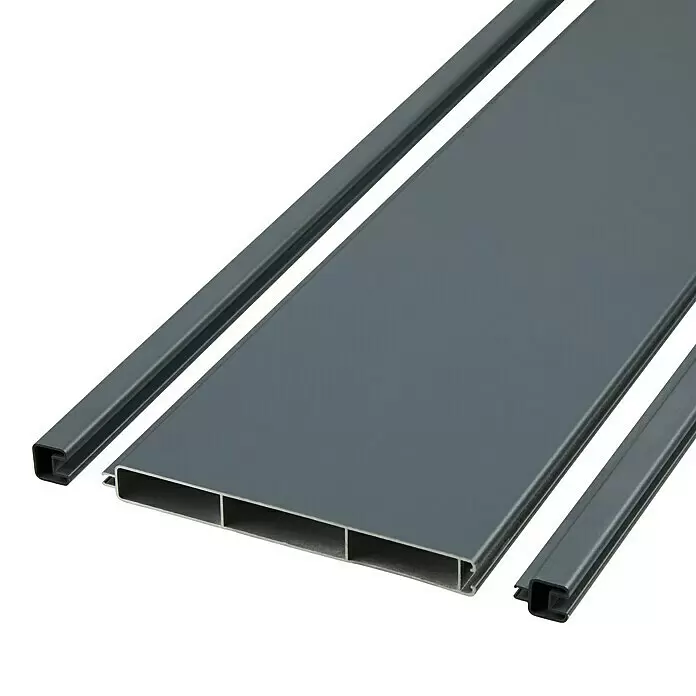 Sichtschutzelement Milano - 175 x 180 cm, Aluminium - Dunkelgraue Aluminiumprofile mit verschiedenen Querschnitten, darunter eine flache Platte und kleinere rechteckige Strangpressprofile, zur Montage.