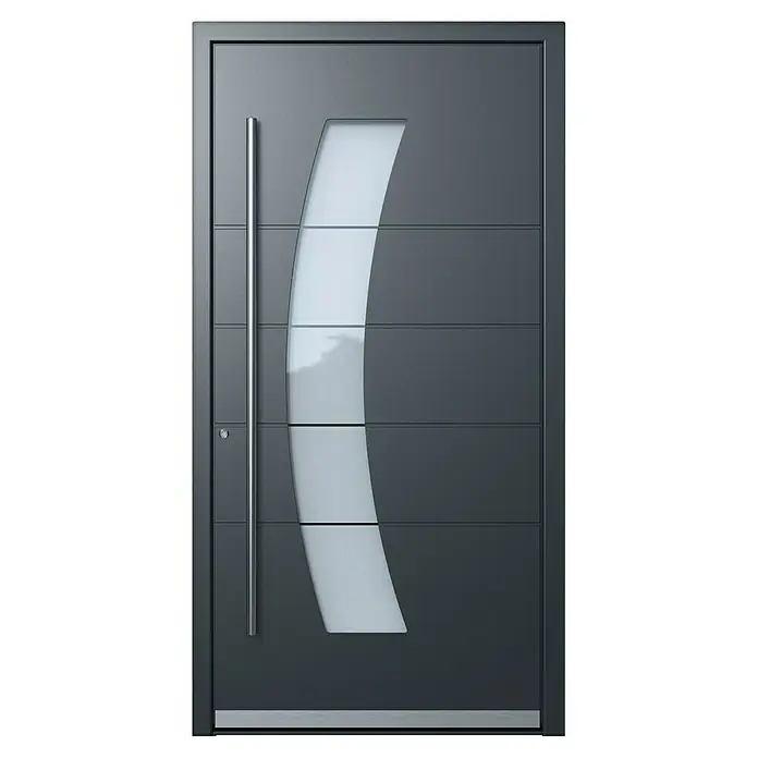 Portofino Haustür 707PF - 110 x 210 cm, DIN Anschlag: Links, Anthrazitgrau Feinstruktur/Verkehrsweiß matt - Elegante, moderne Haustür in Anthrazitgrau mit einem stilvollen, gebogenen Glaseinsatz und einem langen, vertikalen Türgriff aus Edelstahl.