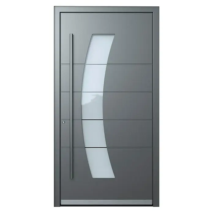 Portofino Haustür 707PF - 110 x 210 cm, DIN Anschlag: Links, Anthrazit Metallic/Verkehrsweiß matt - Graue Haustür mit vertikalem Griff und gebogenem Glaseinsatz, der das moderne und elegante Design hervorhebt.