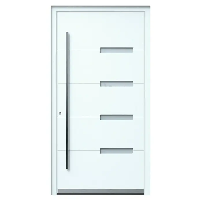 Portofino Haustür 704PF - 110 x 210 cm, DIN Anschlag: Links, Verkehrsweiß matt - Elegante, moderne weiße Eingangstür mit Edelstahlgriff und horizontalen Sichtfenstern. Einladend und stilvoll gestaltet für einen zeitgemäßen Look.