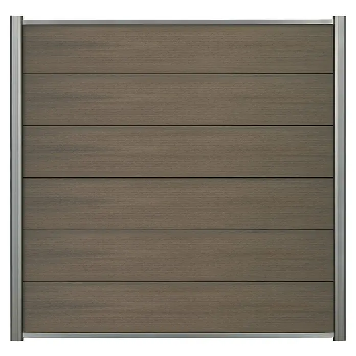 Sichtschutzelement Verona - 177,3 x 84 cm, Schilf, 3 -tlg. - Eine moderne, braune Zaunwand mit horizontalen Brettern und einem schlanken silbernen Rahmen. Ideal für stilvolle Außenbereiche.