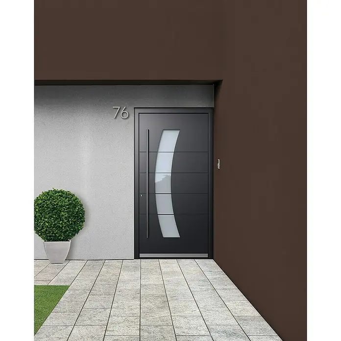 Portofino Haustür 707PF - 110 x 210 cm, DIN Anschlag: Links, Anthrazitgrau Feinstruktur/Verkehrsweiß matt - Moderne Haustür in Anthrazit mit Glaselement und Edelstahlgriff, Hausnummer 76. Elegantes Design für ein zeitgemäßes Zuhause.