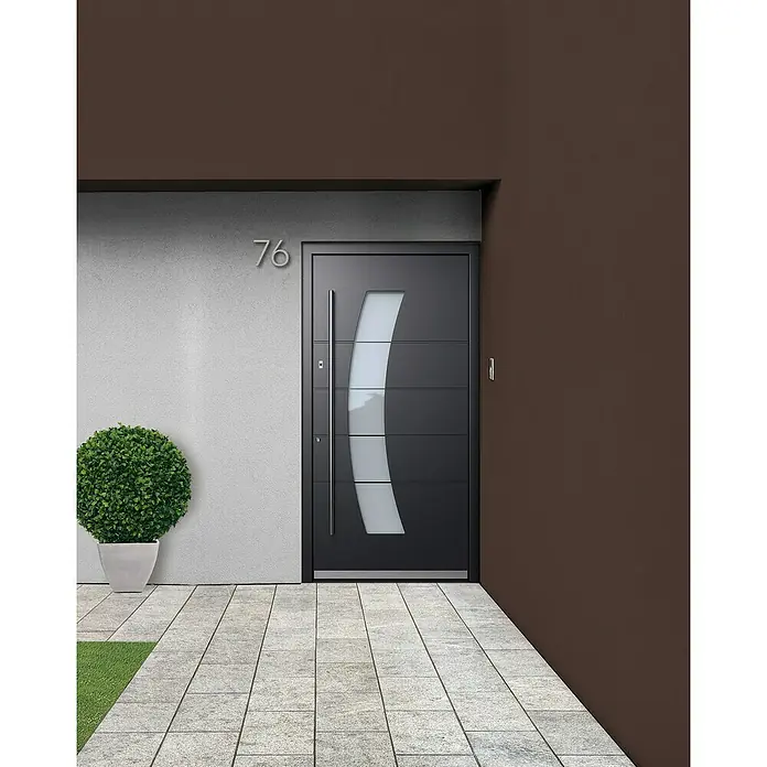 Portofino Haustür 707PF mit Fingerprint - 110 x 210 cm, DIN Anschlag: Links, Anthrazitgrau Feinstruktur/Verkehrsweiß matt - Moderne Haustür in Anthrazit mit Glaselement. Elegantes Design für einen stilvollen Eingangsbereich, Hausnummer 76 links oberhalb der Tür.