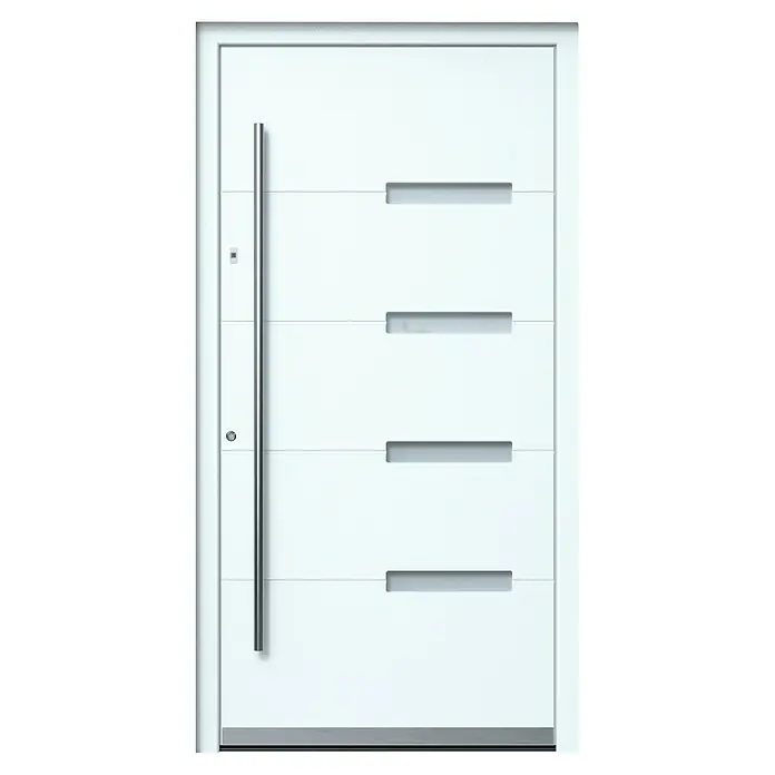 Portofino Haustür 704PF mit Fingerprint - 110 x 210 cm, DIN Anschlag: Links, Verkehrsweiß matt - Elegante, moderne Haustür in Weiß mit schlanken, horizontalen Fensterelementen und einem langen, vertikalen Türgriff aus Edelstahl.
