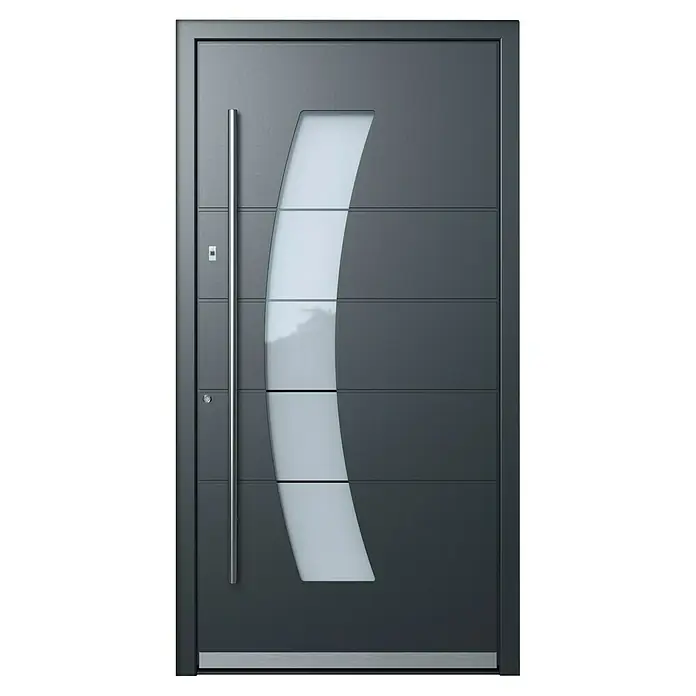 Portofino Haustür 707PF mit Fingerprint - 110 x 210 cm, DIN Anschlag: Links, Anthrazitgrau Feinstruktur/Verkehrsweiß matt - Moderne Haustür in Anthrazit mit senkrechtem Griff und geschwungenem Glaseinsatz. Stilvolles Design für ein zeitgemäßes Zuhause.