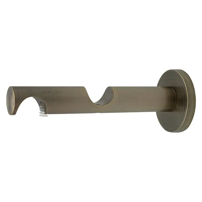 Expo Ambiente Doppelträger Track - Brüniert, Geeignet für: Gardinenstangen Ø 20 mm, Länge: 13,2 cm - Nahaufnahme einer bronzefarbenen Doppelgardinenstangenhalterung, die ein elegantes und funktionales Designelement für Fensterdekoration darstellt.