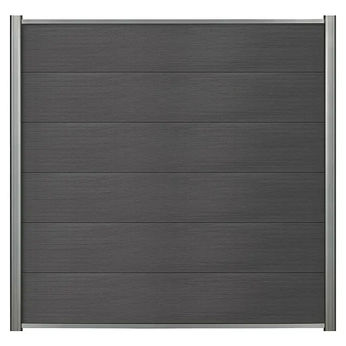 Sichtschutzelement Verona - 177,3 x 84 cm, Grau, 3 -tlg. - Nahaufnahme einer modernen, grauen Zaunplatte mit horizontalen Linien und silberfarbenen Rahmen für den Außenbereich.