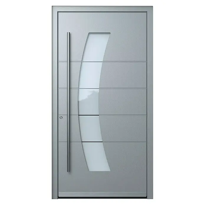 Portofino Haustür 707PF - 110 x 210 cm, DIN Anschlag: Links, Eisenglimmer/Verkehrsweiß matt - Modern gestaltete Haustür in Grau mit vertikalem Griff und gebogenem Glaseinsatz, die zeitgemäßes Design und Funktionalität vereint.