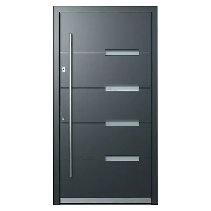 Portofino Haustür 704PF mit Fingerprint - 110 x 210 cm, DIN Anschlag: Links, Anthrazitgrau Feinstruktur/Verkehrsweiß matt - Moderne Haustür aus anthrazitfarbenem Metall mit vier horizontalen, rechteckigen Glaseinsätzen und einem langen, vertikalen Türgriff.