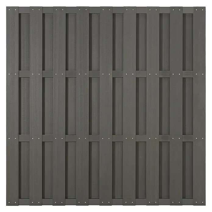 Sichtschutzelement Ibiza - 180 x 180 cm, Aluminium, Anthrazit - Nahaufnahme eines grauen Holzzauns, der Stabilität und Privatsphäre bietet, ideal für Gärten und Außenbereiche.