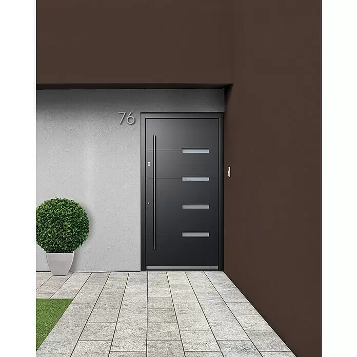 Portofino Haustür 704PF mit Fingerprint - 110 x 210 cm, DIN Anschlag: Links, Anthrazitgrau Feinstruktur/Verkehrsweiß matt - Stimmungsaufnahme
