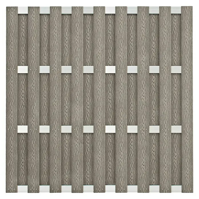 Sichtschutzelement Madrid - 180 x 180 cm, Aluminium, Grau - Bild einer grauen Holzzaunplatte mit geriffelter Oberfläche und horizontalen, silberfarbenen Verstrebungen.