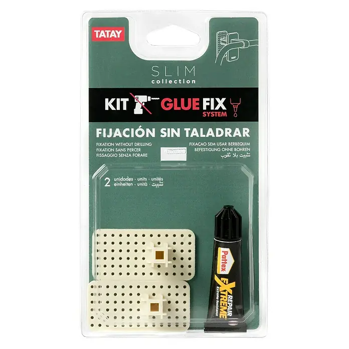 Tatay Slim Kit de fijación Glue Fix - 3 pzs. - Imagen de un kit de fijación con cola "Tatay Slim Collection" para montaje sin perforar, incluyendo cola y dos placas de montaje.