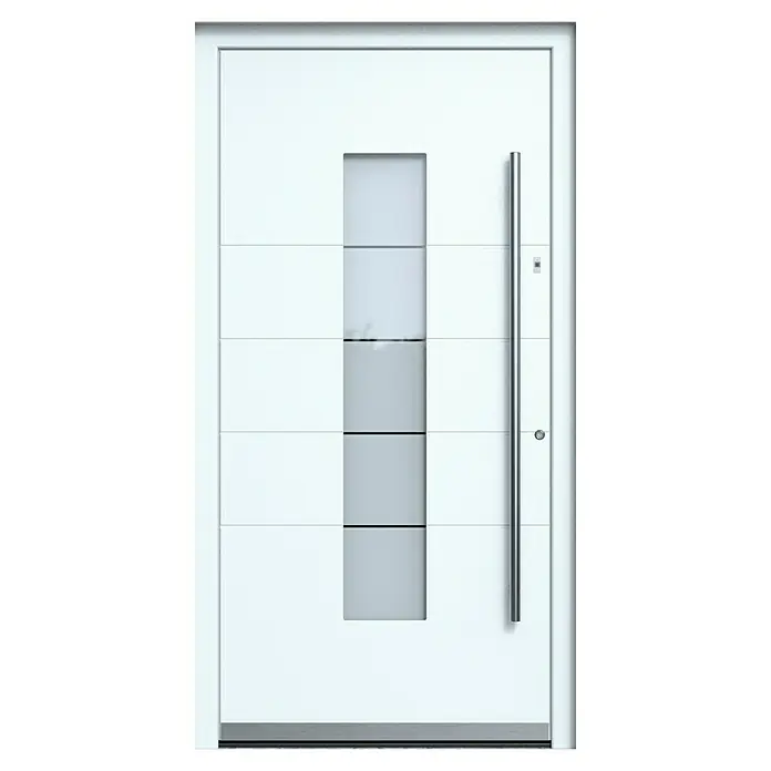 Portofino Haustür 706PF mit Fingerprint - 110 x 210 cm, DIN Anschlag: Rechts, Verkehrsweiß matt - Moderne weiße Haustür mit vertikalem Glaseinsatz und Edelstahlgriff. Stilvolles Design für einen einladenden Eingangsbereich.